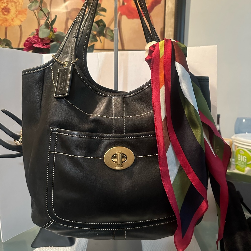 Y2K Black Coach 2007 Ergo with legacy stripes inside Leather Tote